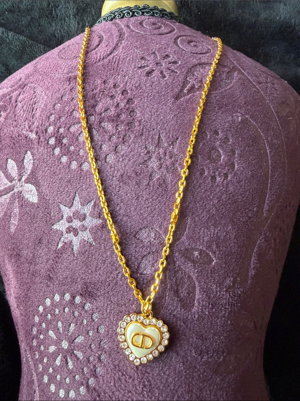 Dior Gold-Tone Heart Pendant Necklace with White Enamel